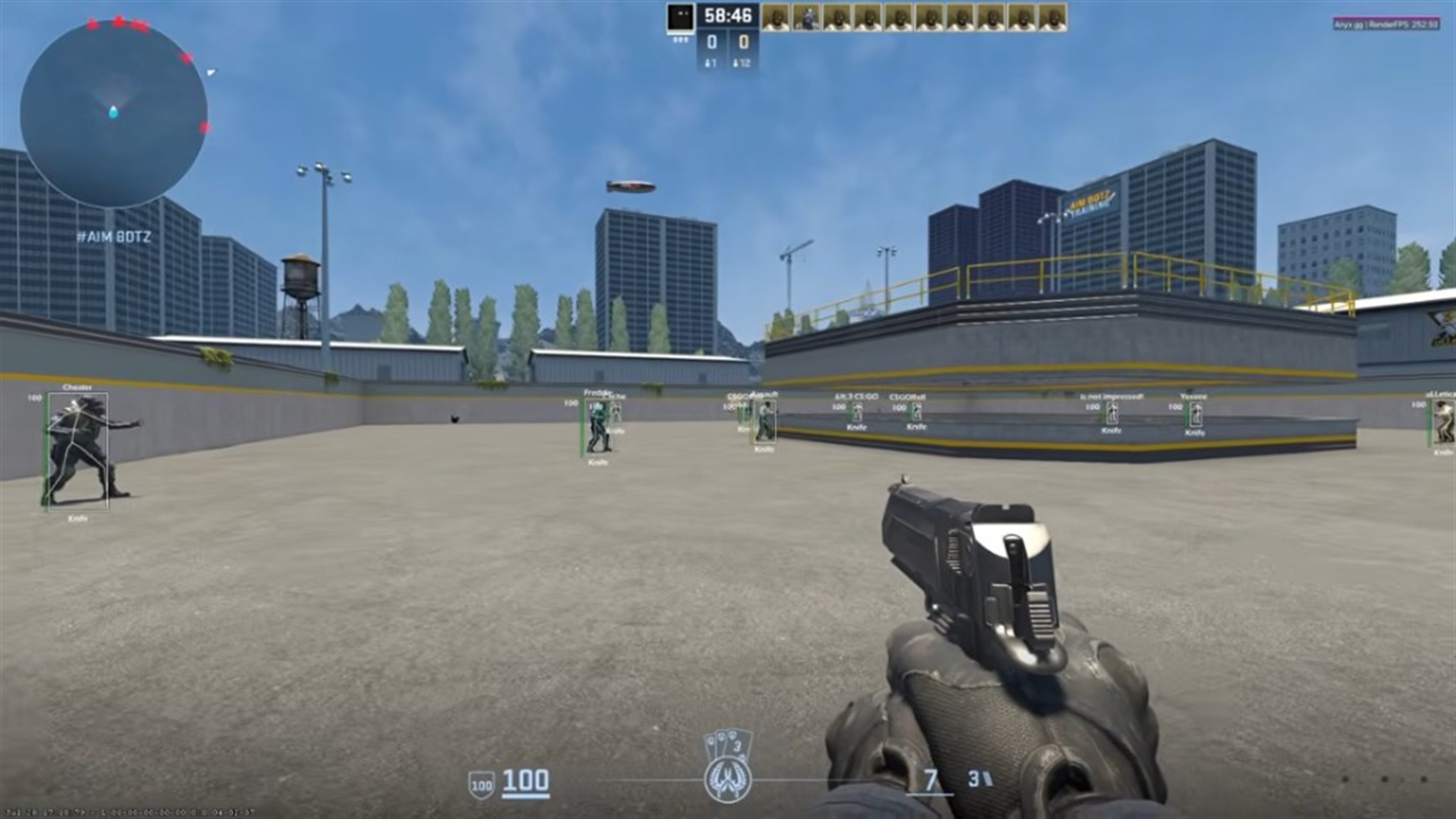 CS2 skeleton ESP on multiple players across a practice range